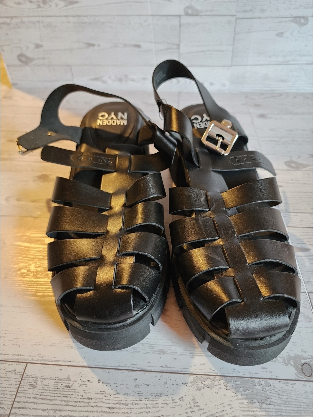 Madden NYC Black Fisherman Platform Sandals Chunky Lug Sole Size 8.5